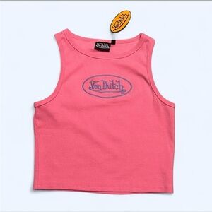 Von Dutch Pink Ribbed Tank Top Blue Logo Y2K Baby Tee Size M NWT